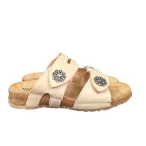Haflinger Womens 8 Cream Leather Floral Slip On Cork Slide Sandals 2 Strap Pansy